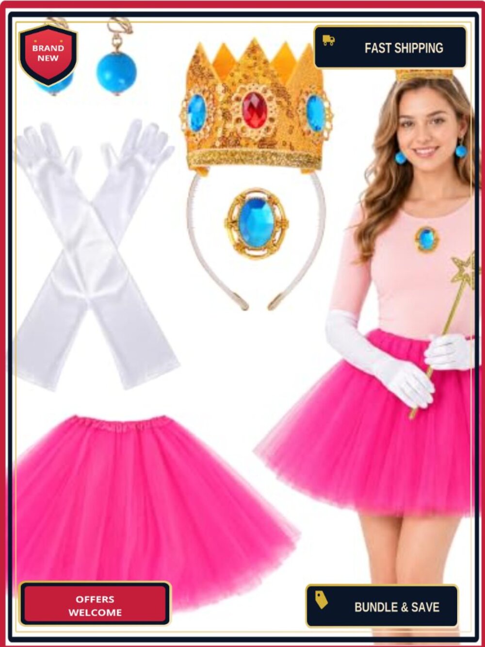 6 PCS Princess Costume Set Adult Women Sequin Crown Tutu Gloves Wand Cosplay